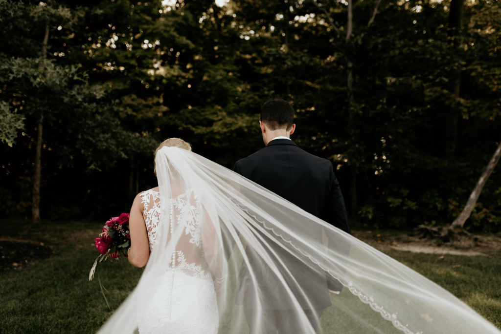 Long Veil Bride and Groom Outdoor Wedding Portrait Photo