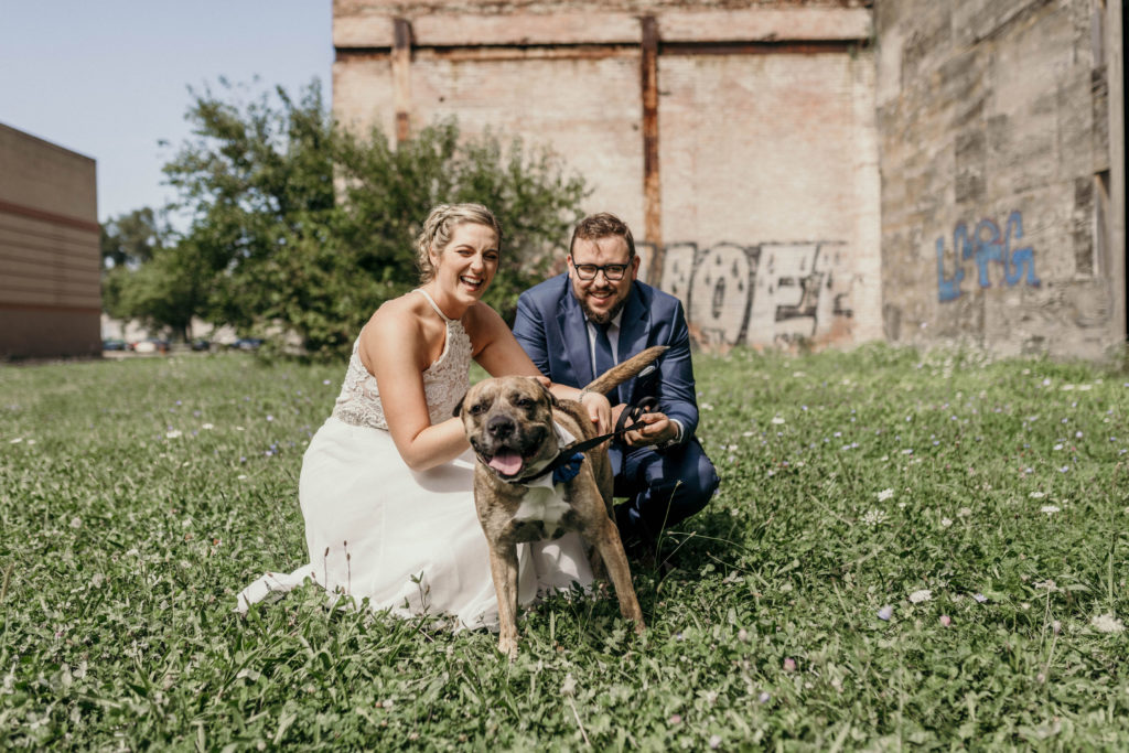 bride and groom and dog wedding portrait photo