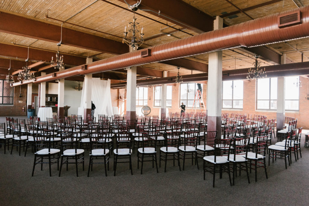 Seating and wedding ceremony set up at ariel international center
