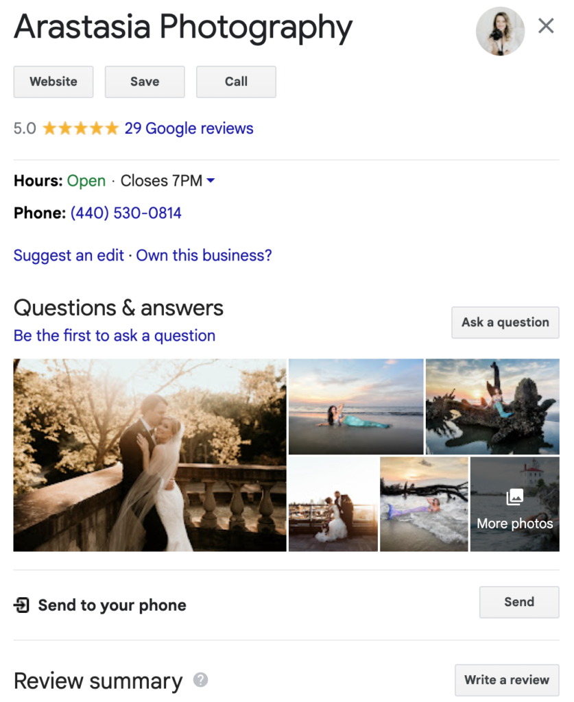 Arastasia Photography's Google Account and reviews on Google maps.